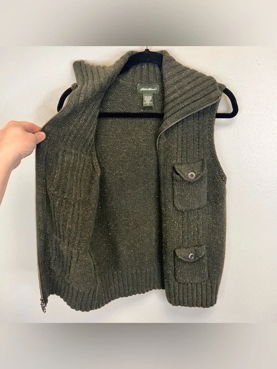 Dark Green Knit Zip-Up Vest Pockets Size M Cotton Angora Gorpcore Granola Hiking - Picture 5 of 9